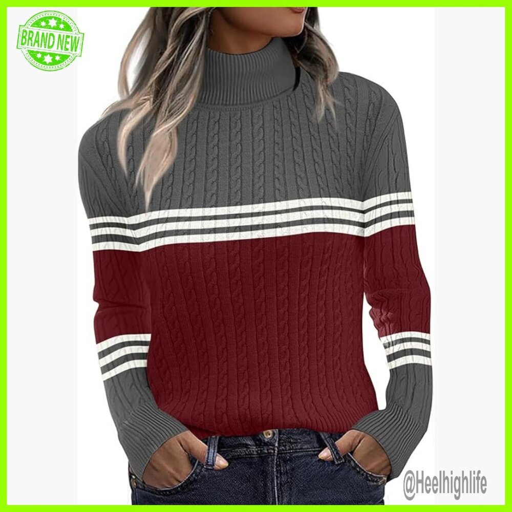 Fitted Cable Knit Turtleneck Sweater Pullover Long Sleeve Fall Winter Top